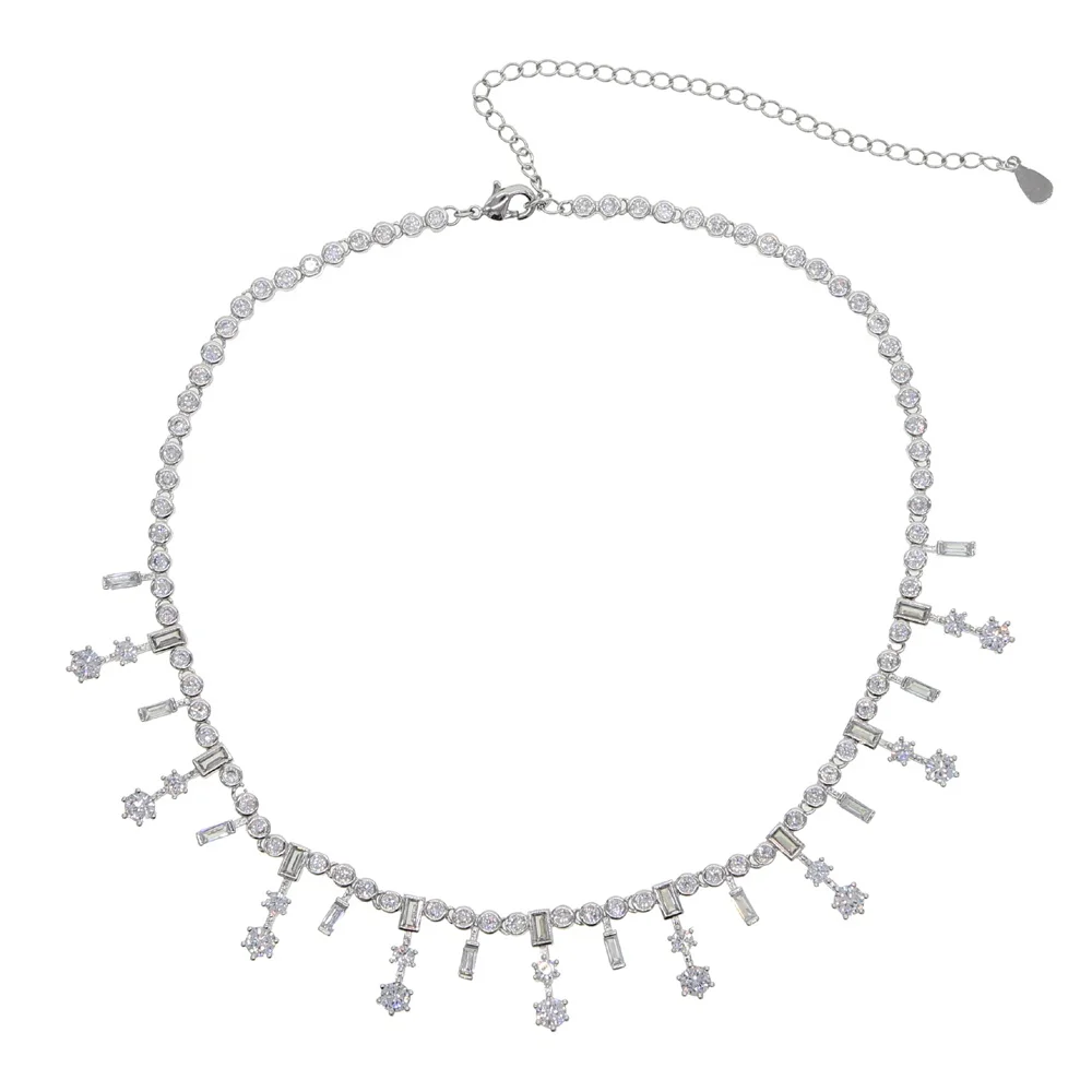 

Luxury choker statement wedding tennis choker necklace with baguette cz paved flower charm necklace jewelry for wedding, Black