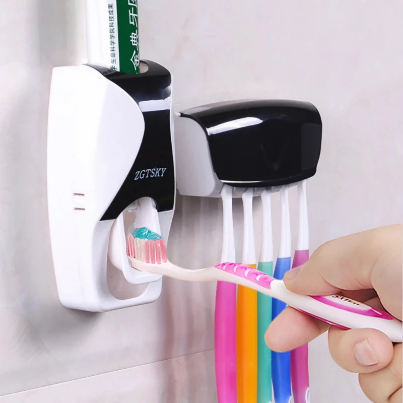 

Automatic Toothpaste Dispenser Wall Mount Dust-proof Toothbrush Holder Wall Mount Storage Rack Bathroom Accessories Set Squeezer