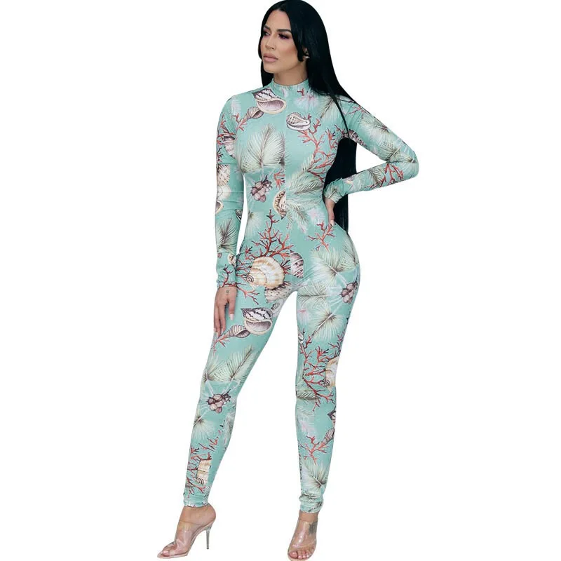 

MS20542 Fashion Wholesale jumpsuit Front Zipper women bodysuit printed floral long sleeve jumpsuit winter for ladies