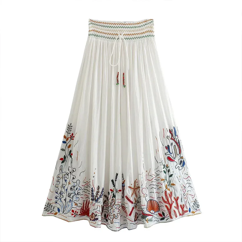 ZATRHMBM2024 Ladies' Elegant Summer Long Skirt New Casual Fashion Mid Waist Embroidered Cotton With Elastic Tie