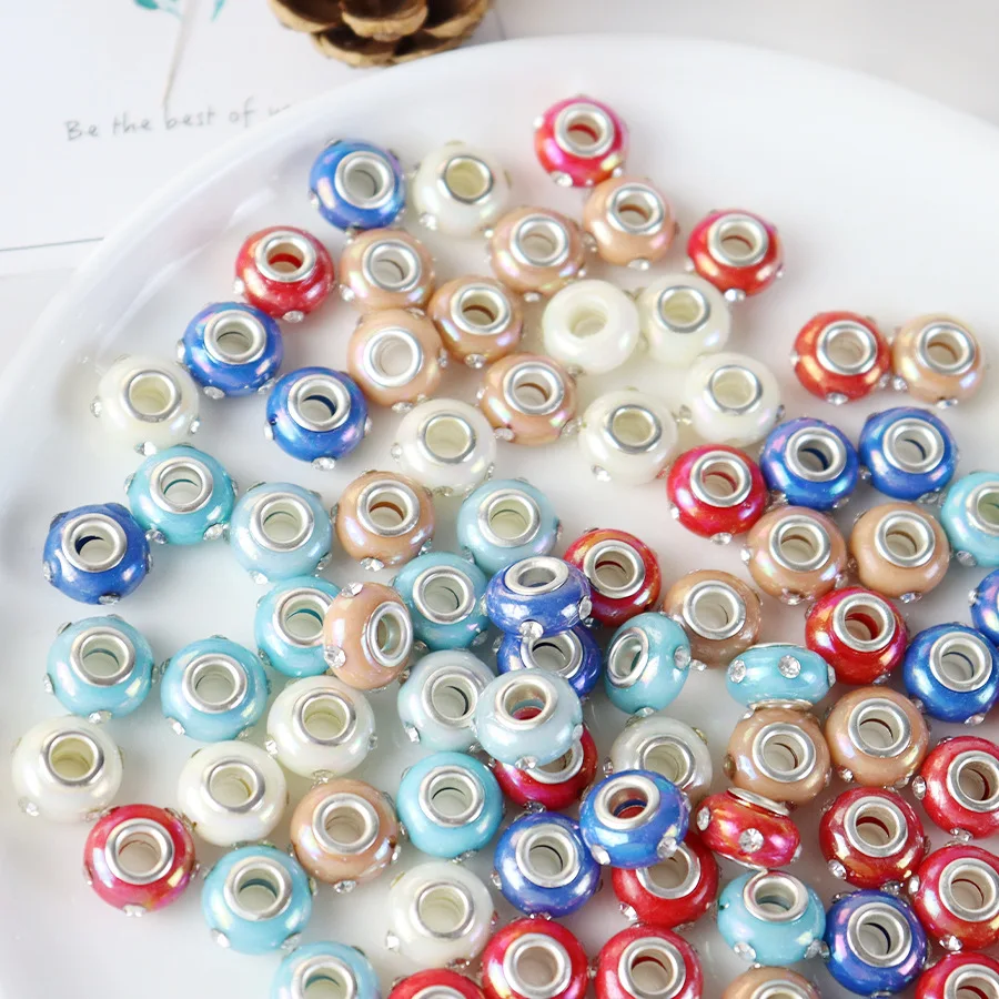 

Diy Accessory Resin Loose Space Beads with rhinestone 14mm Large Hole Resin Murano Beads for Bracelet Making