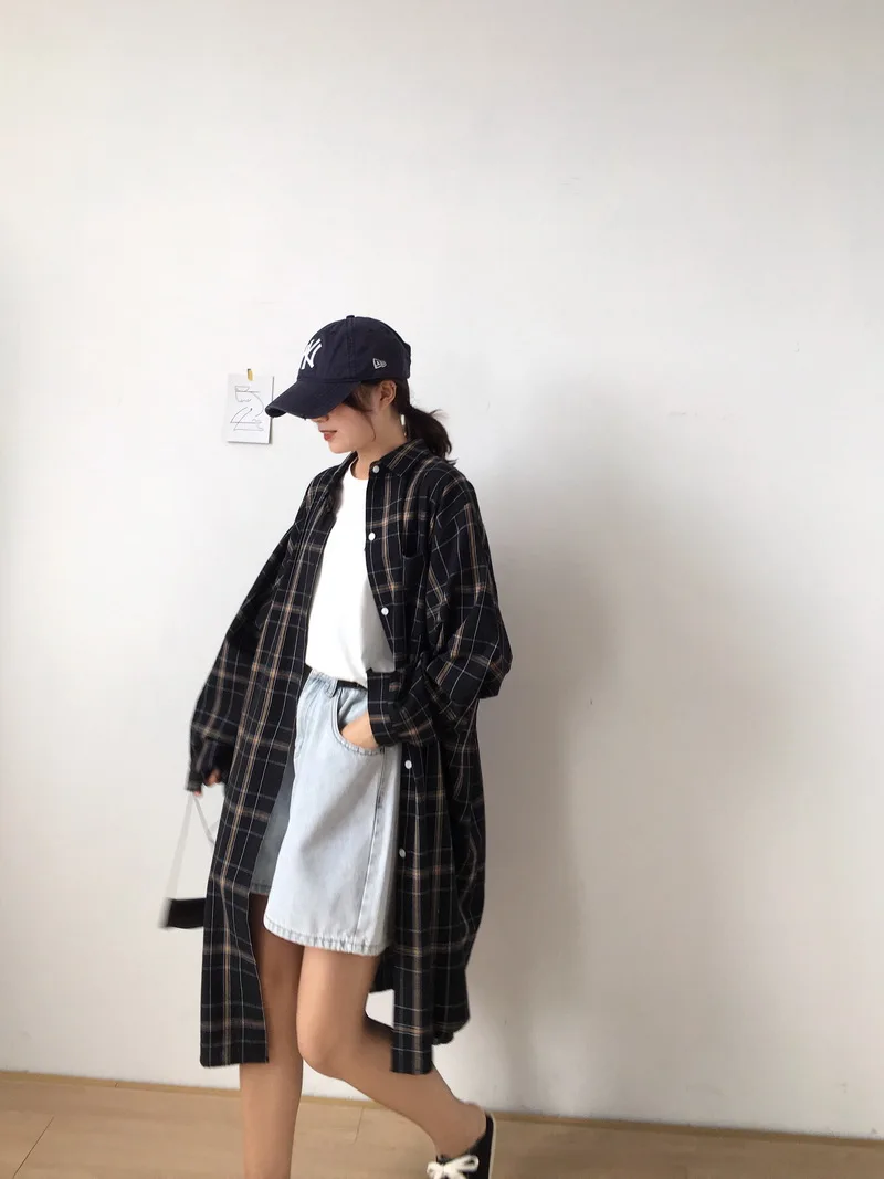 Fashion Plaid Shirt Coat Korean Japanese Style Oversize Long Shirt Outfit -  Buy Winter Outfit Jacket,Casual Outdoor Outfit,Two Colors Women Thin Coat  Product on 