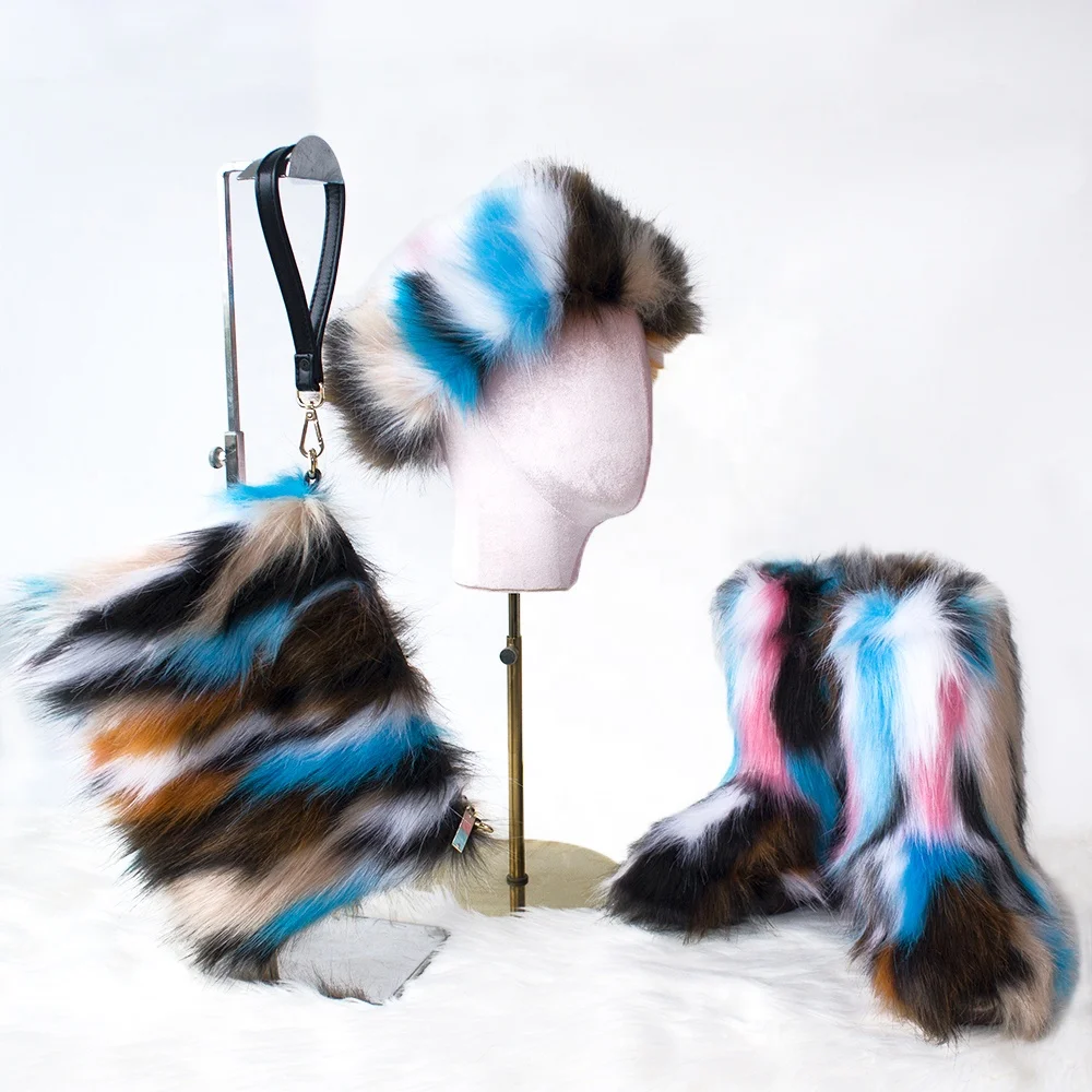 

WInter hot selling Fake Fox Fur Rainbow Bags With Colorful fur headbands Hat And Multicolor Fur boots Sets