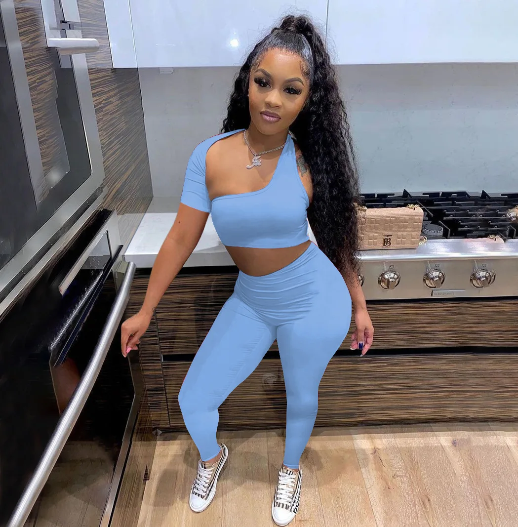 

YIWU QIUDUN Summer New Fashion Clothing Sexy Bodycon Backless Short Sleeve Two Piece Set For Women
