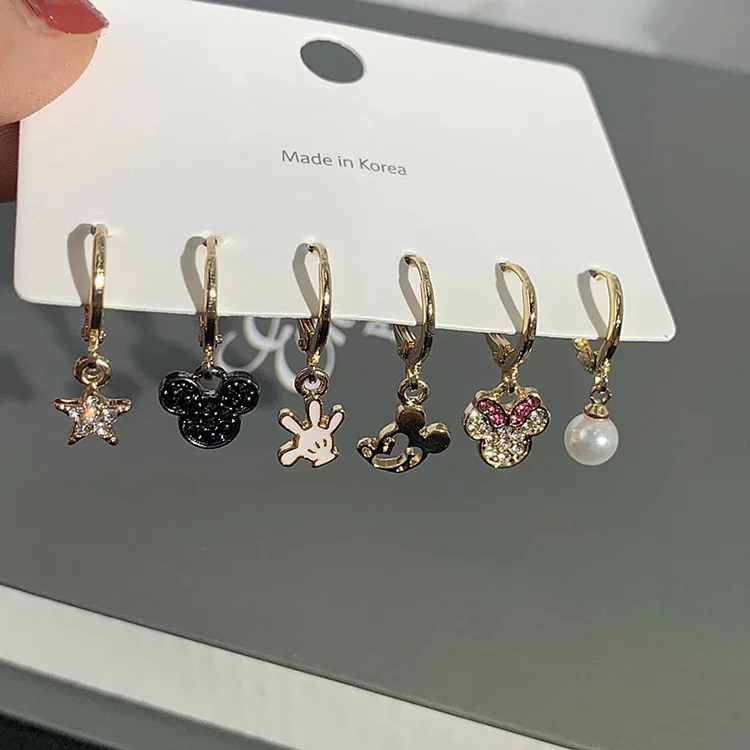 

2020 Perfect 6Pcs/set Needle Cute Mickey Minnie Jewelry Bowknot Pearl Star Pendant Earrings Girls Birthday Surprise for Women