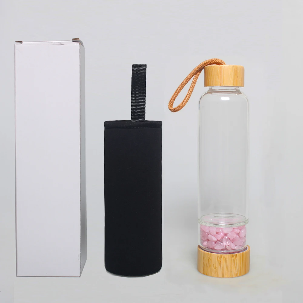 

natural bamboo crystal infused glass water bottle borosilicate with rose quartz