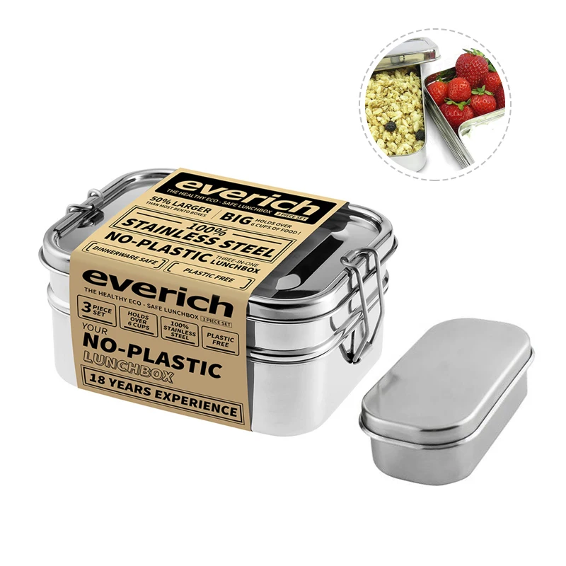 

Three-Pieces-Set Bento Box Sample Free Custom Double Layer Stainless Steel Lunch Box, Customized color acceptable