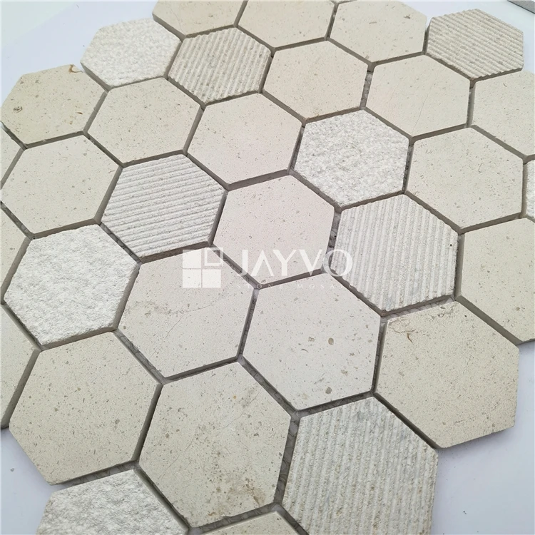 Outside Wall Decorative Hexagon Beige Creamy Tile Irregular Stone Mosaic Tiles Golden Select Mosaic Wall Tile