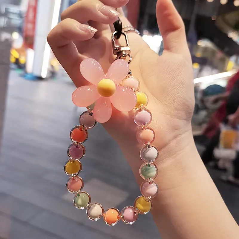 

INS Handmade Colorful Crystal Bead Mobile Phone Chain Wrist Strap Keychain Cute Flower Mobile Phone Strap Lanyard For Women