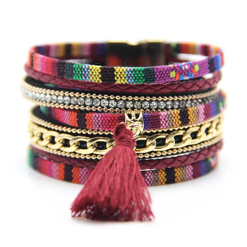 

Bohemian Fashion Magnetic Clasp Link Chain Rhinestone Cuff Bracelet Multilayer Tassel Cotton Rope Wrap Bracelet