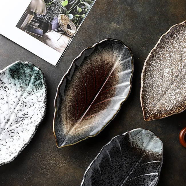 

creative rustic pattern leaf ceramic sushi snack plates dishes for home restaurant use dinner tools, Multi-color