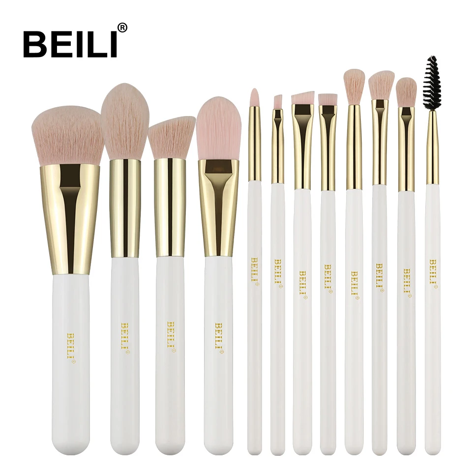 

BEILI hot selling luxury 12pcs white soft synthetic hair makeup brush set wholesale tresluces brush pinceau maquillage, Pink hair white handle