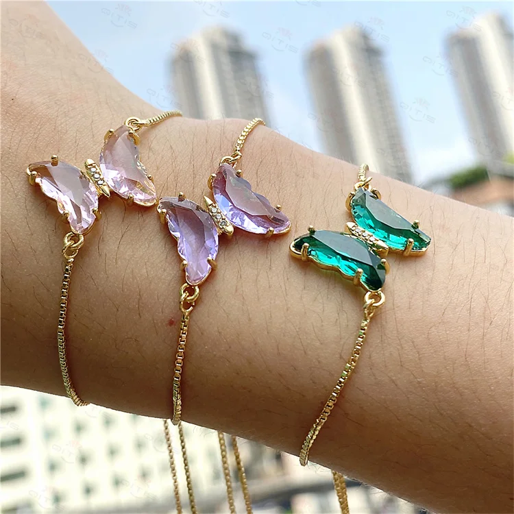 

2021 New Arrival Crystal Butterfly Bracelet Femme Copper Gold Color Chain Charm For Women Girls Jewelry, Picture