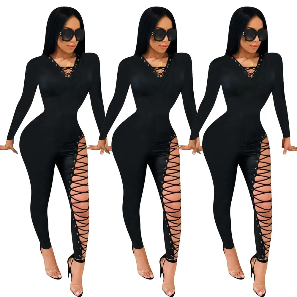 

20810-MX95 special black bandage bodycon jumpsuits women sehe fashion