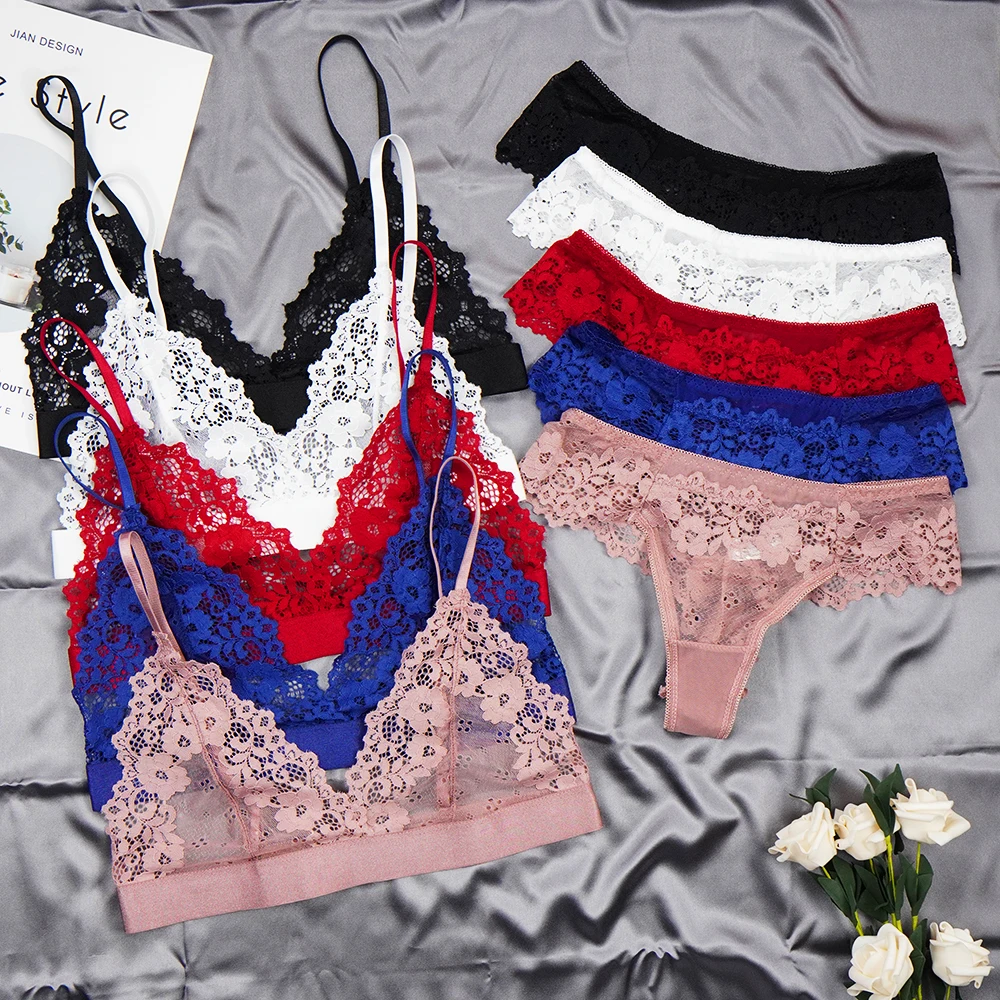 

Women's Ultra-thin Cup Mesh Lace Underwear Set Transparent Bras Beauty Back Hollow Embroidery Bra & Brief Sets