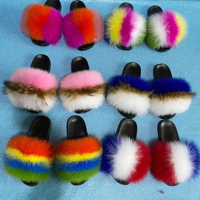 

Perfect wholesale fashion luxury style women's fur slippers flat slide fox fur slippers, Customized color