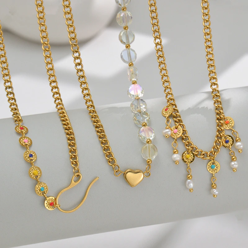 

Fashion 18K Gold Plated Cuban Chain Heart Necklace Dainty Adjustable Tarnish Free Stainless Steel Necklaces Women