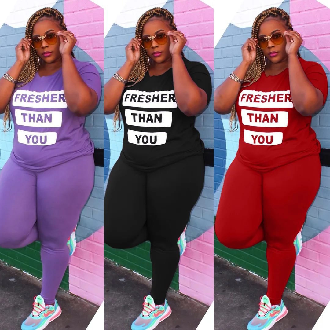 

Lounge Wear Summer Design For Fat Lady Plus Size Pants Set Print Letter T Shirt Pencil Pants Women Outfits Casual Two Piece Sets, Red, purple, black