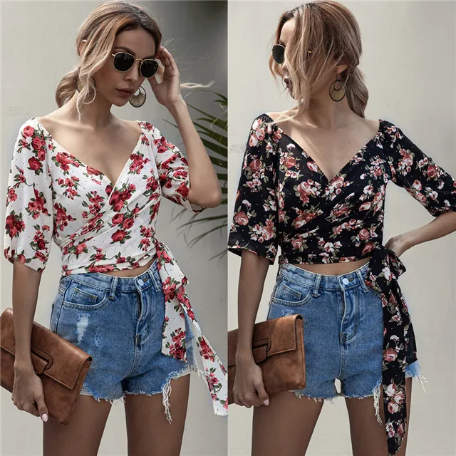 

2021 Spring Hot Sale New V-neck Polka Dot Flower Cross Lace Top, Picture color