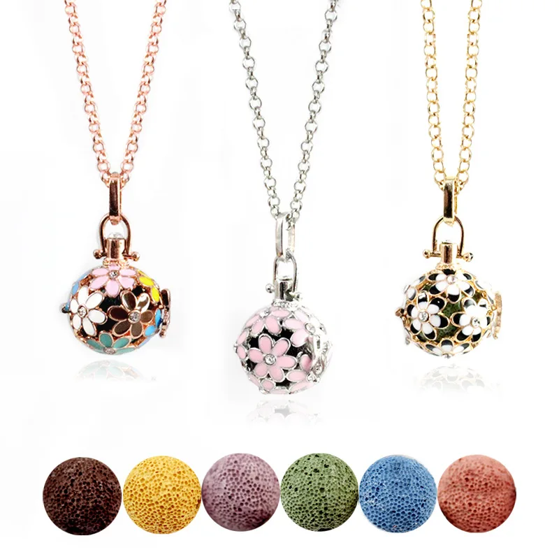 

Aroma Oil Diffuser Pendant Necklace Flower Vintage Lava Stone Bead Necklace