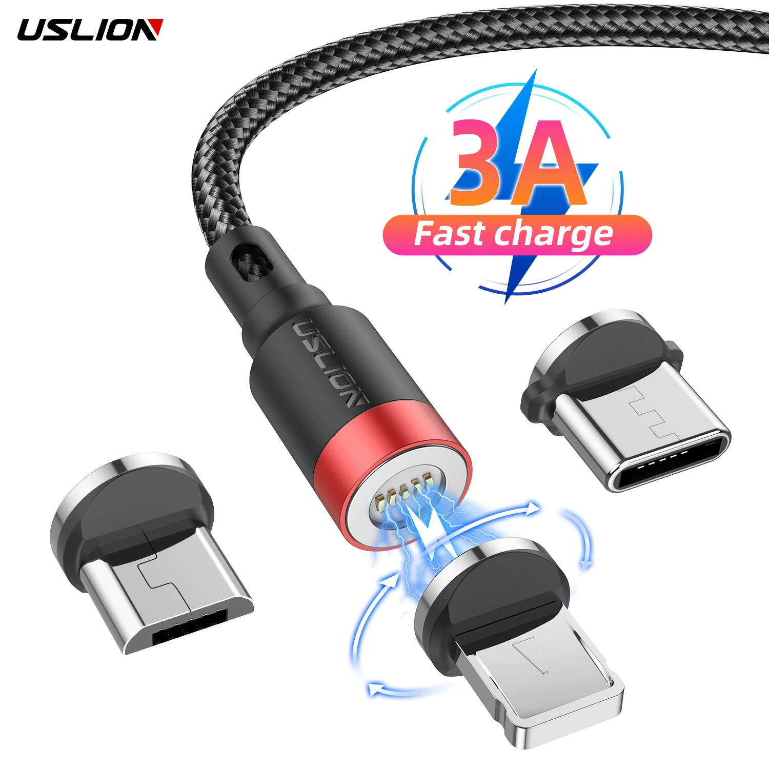 

USLION Drop Shipping 360 Rotate 3 In 1 2M Magnetic Charging USB Data Cable 3A Fast Charger Cable for iphone 14 13 12 11 Pro Max, Gold ,gray green ,red