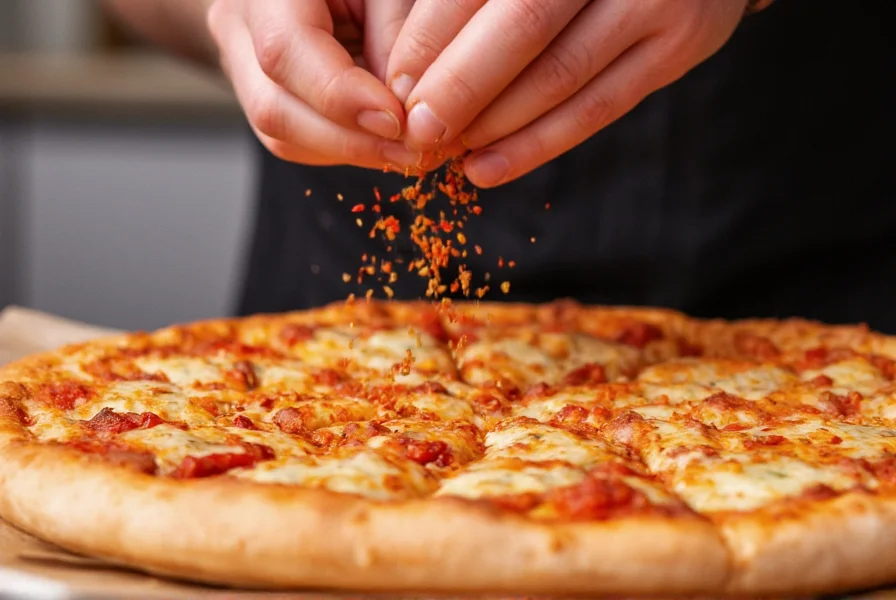 Chef sprinkling red pepper flakes on pizza with close-up of flakes texture