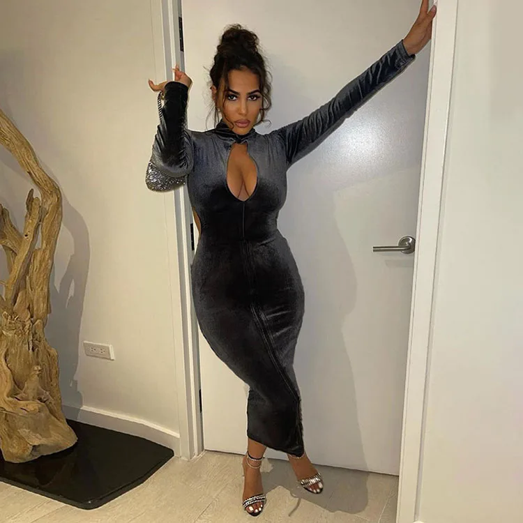 

Latest Autumn Clothes Sexy Long Dresses Women Lady Elegant Hollow Out Velvet Maxi Dress, Coffee,black