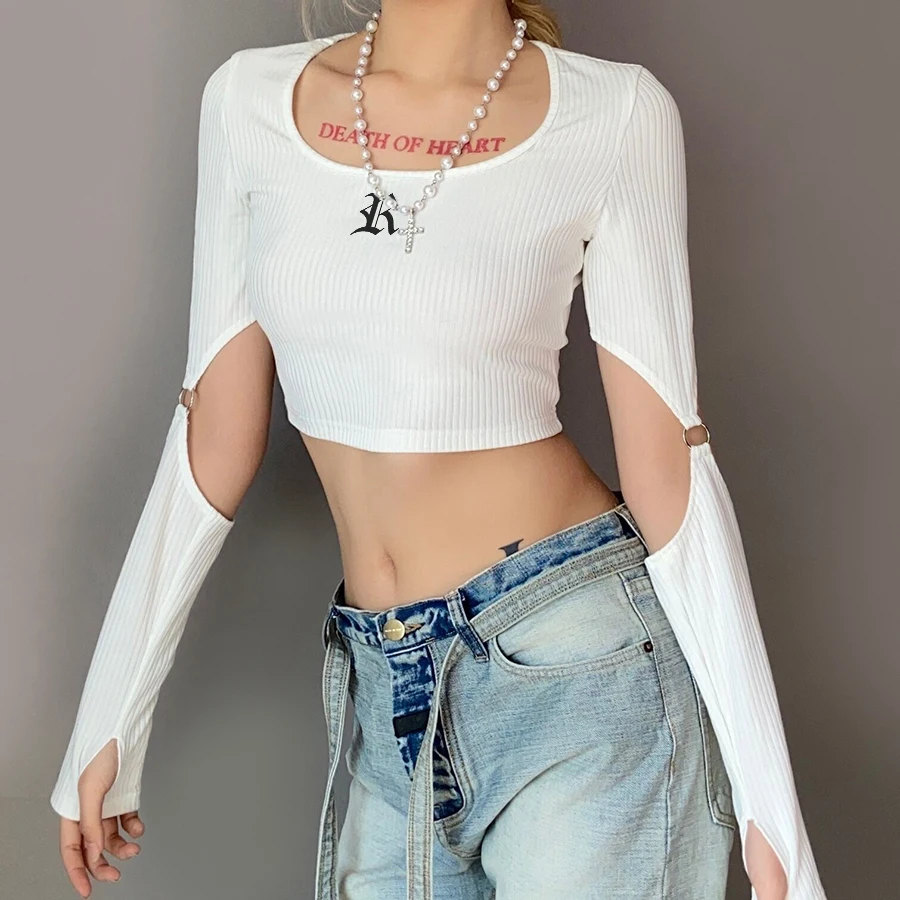 

Nibber K21L00293 Factory Wholesale Customized Casual Slim Print Letter Solid Ribbed Knitted Female T Shirt Patchwork Sleeve Tees