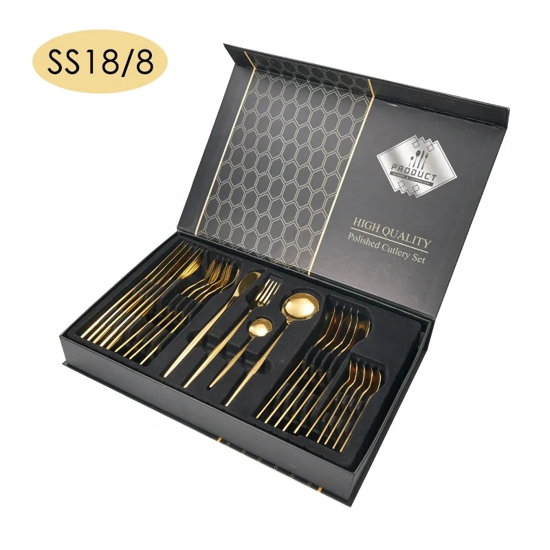 

2021 Amazon hot sale 24 pcs gold cutlery set with gift box packing, Gold,black,rose gold, rainbow, silver