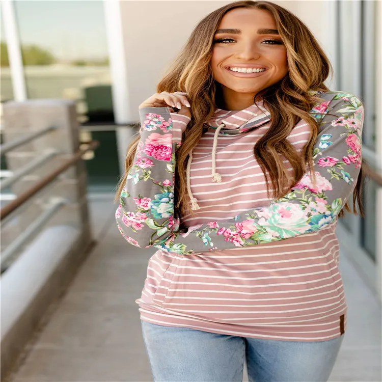 

Long Sleeve Hoody Pockets Double Womens Pullover Sweater Floral Striped Hoodies women Sweatershirt, Picture