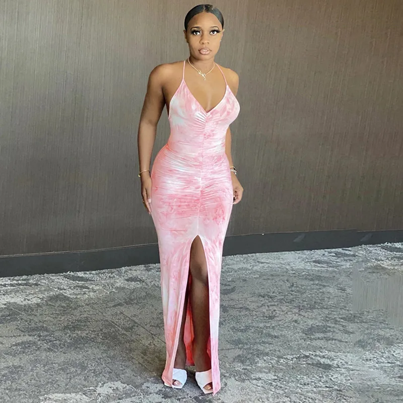 

2021 Sleeveless slit sexy maxi long dress autumn winter women fashion christmas elegant outfits bodycon pink latex dress
