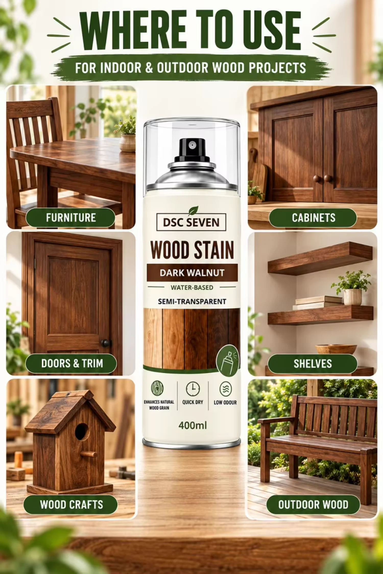 Medium Walnut Wood Stain Spray Acrylic Liquid Coating Furniture Wood for Paint for Cabinets and Trim 400ML & 500 ML