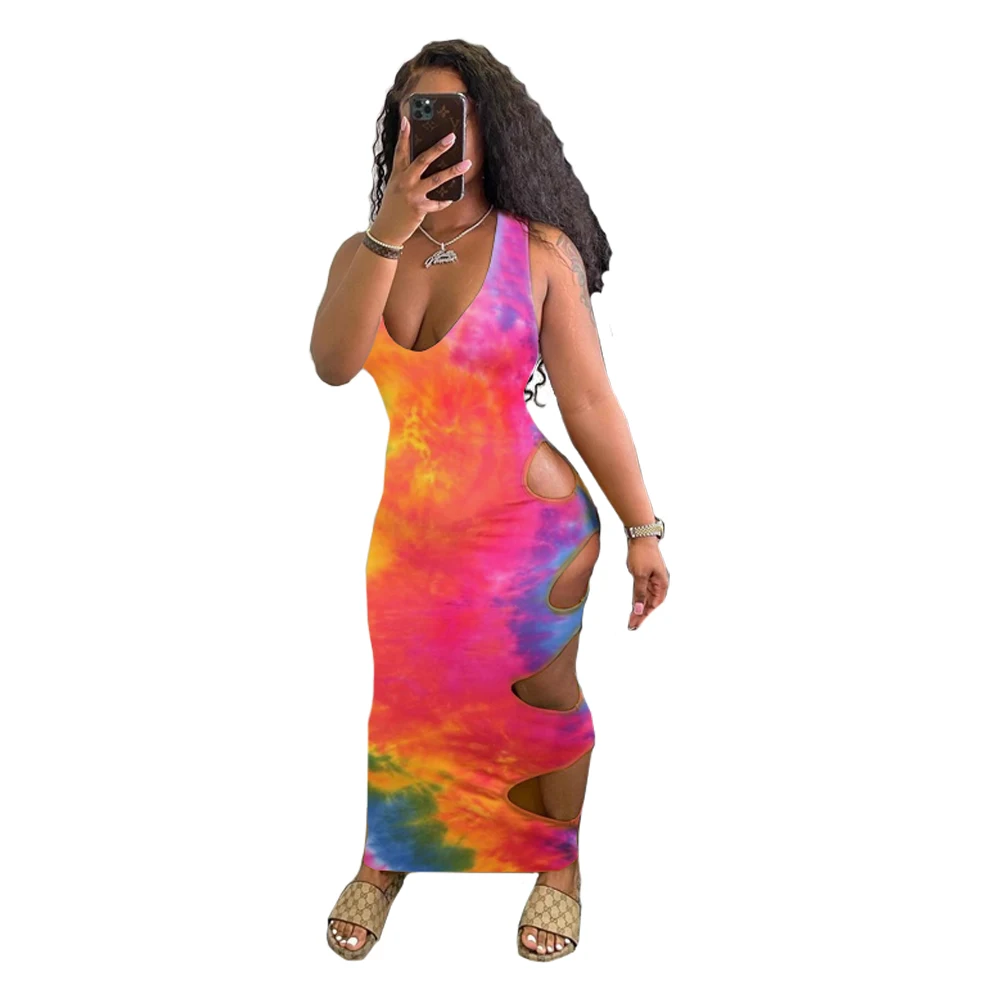

HGL1635 2021 new arrival summer ladies dress tie dye hole sexy club party sleeveless women clothing girls full length dress