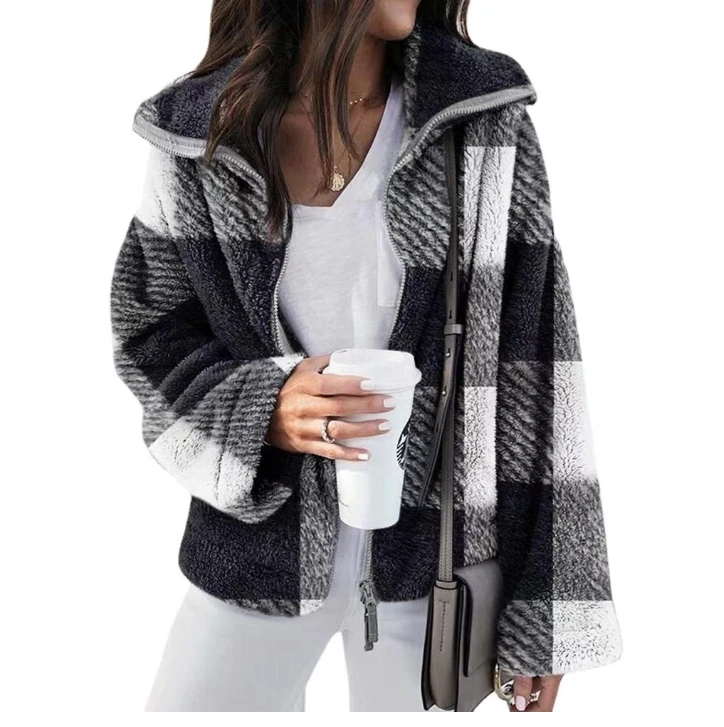 

Women's Tops Autumn Winter Cardigan Fashion Casual Contrast Color Loose Plush Long Sleeve plaid Jacket