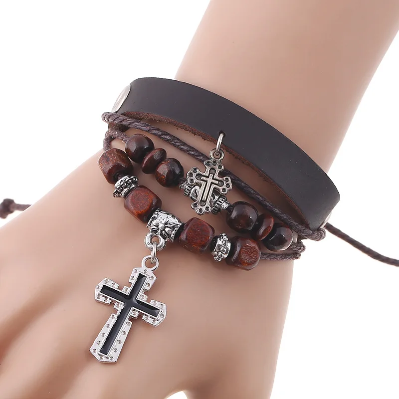 

Shangjie OEM pulsera de cuero fashion stylish ethnic man leather bracelet multi-layered cross pu leather bracelet