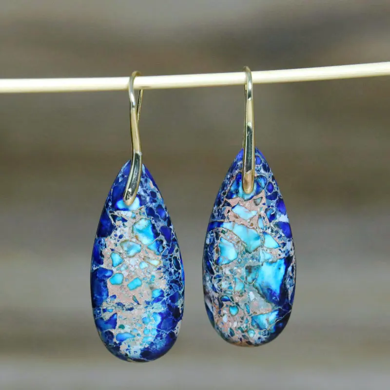 

New Bohemia Emperor Stone Water Drop Earrings Natural Raw Gemstone Meditation Balance Healing Crystal Dangle Earrings for Women