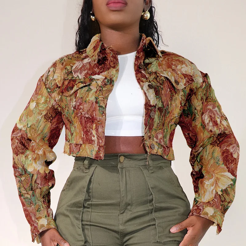 Hot Selling Crop Top Art Flower Printed Autumn Knitted Outdoor Women Coat Jacket