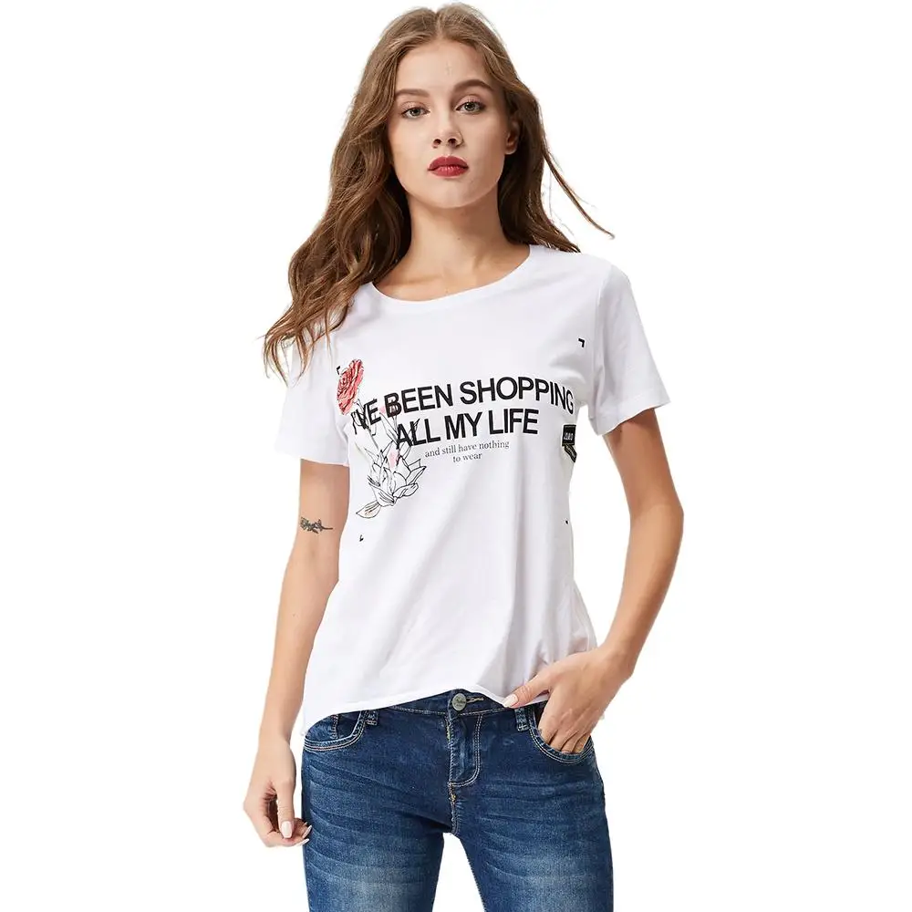 

Women New Cotton Summer Short Sleeve Floral T-shirts Ladies Casual Streetwear Screw Neck Knitted Tee Shirts Clothes