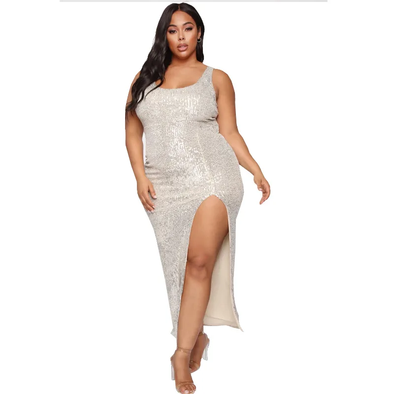 

Latest Fashion Design Elegant Women White Sequin Party Dresses Charming Slit Plus Size Maxi Dress