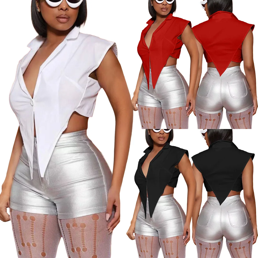 2026 Custom Logo Women Tops Solid Casual Short Shirt Summer Women Sleeveless Turn-Down Collar Irregularity Top