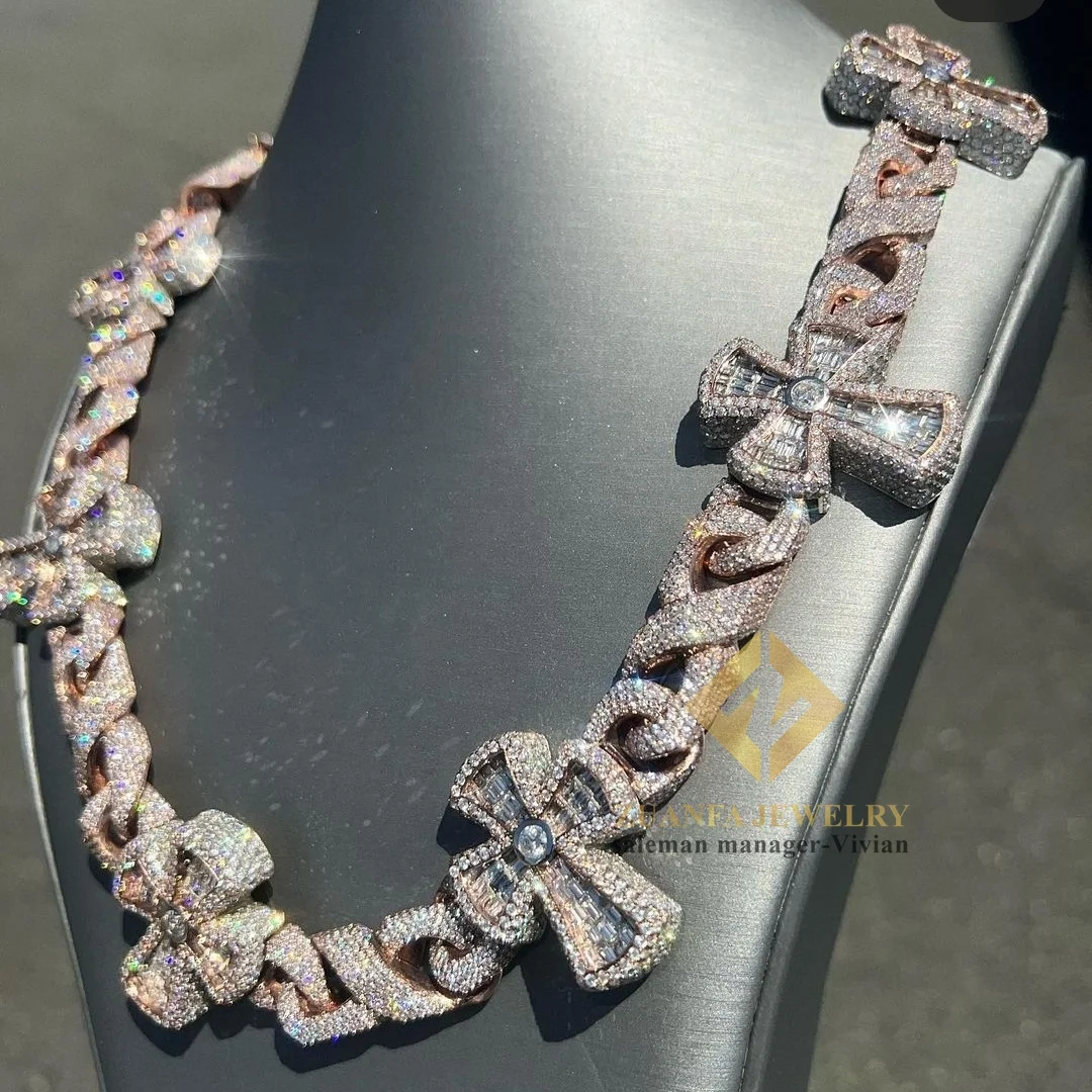 

New Design Silver 925 Fashion Luxury Custom VVS Moissanite Hip Hop Jewelry Iced Out Cross Cuban Link Chain