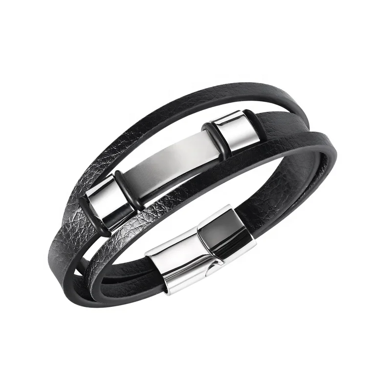 

10mm wholesale black leather wrap bracelet silver stainless steel bar engraved custom name magnetic bracelet