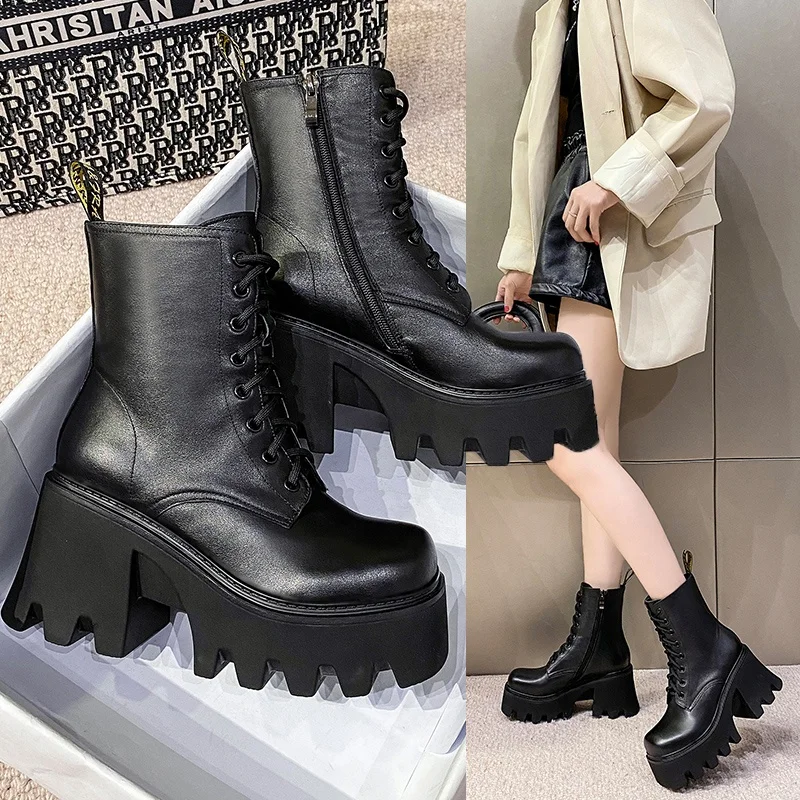 

New Designer Leather Platform High Heel For Shoes Women Ankle Boots Ladies Vulcanized Chunky Sneakers Botas De Mujer