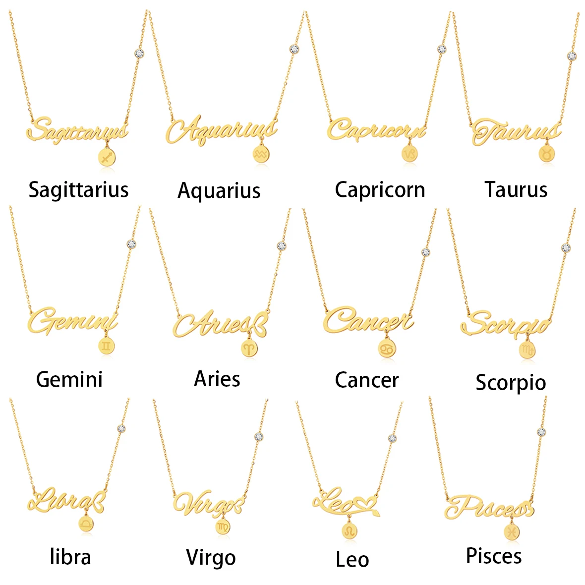 

Wholesale Stainless Steel Jewelry 14k Gold Plated Necklace Women 12 Constell Zodiac Necklaces