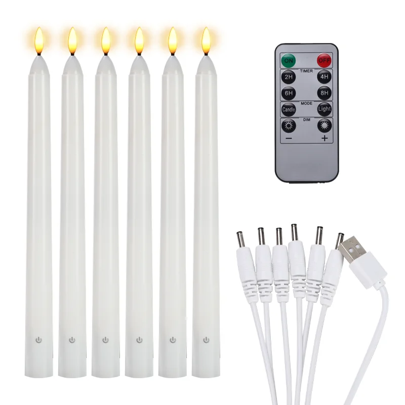 

Home Decoration 6 Pack 10" Rechargeable Electric Remote Control 3D Real Flickering Flame Flameless LED Taper Candles