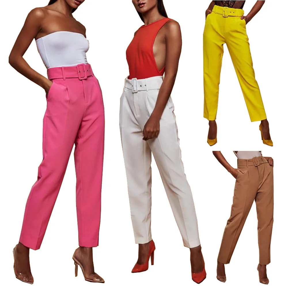 

2020 new ladies casual pants high waist solid color cropped pants straight trousers with belt, Customized color