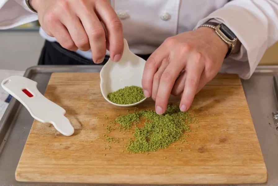 Chef measuring ground celery seed into a spice blend for cooking