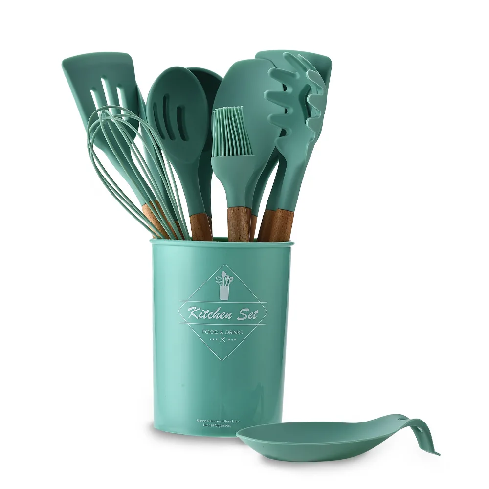 

0410 Green 12-piece wooden handle silicone baking set non-stick cookware heat-resistant spatula spoon kitchen utensil