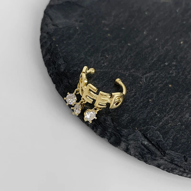 

Vershal C-77 Trendy 18k Gold Plated Minimalist Letters Rhinestone Tassel Clip-on Earrings For Women