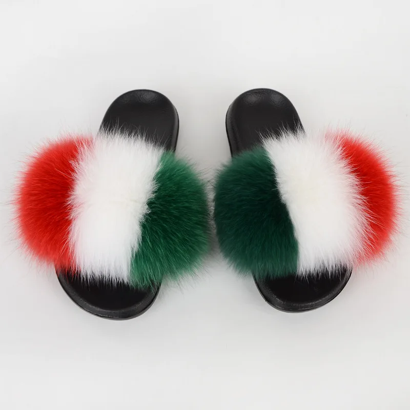 

Curlyfur 2021 women furry flip flops new arrival fox fur sandals slides slippers